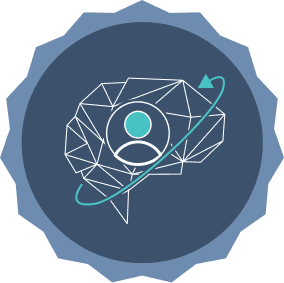 A dark blue circular badge featuring a geometric, low-poly brain icon with a human silhouette inside and a teal arrow circling it.