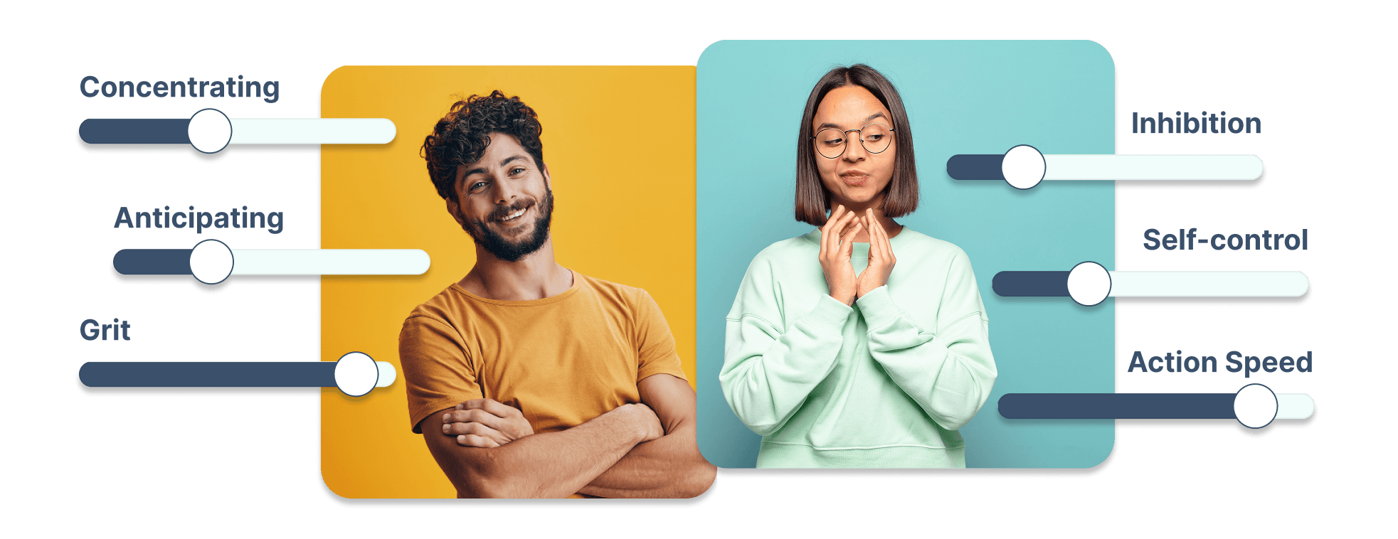 Two people, a man and a woman, shown with various cognitive skill sliders like Grit, Anticipating, and Inhibition, illustrating how different personality traits are balanced.