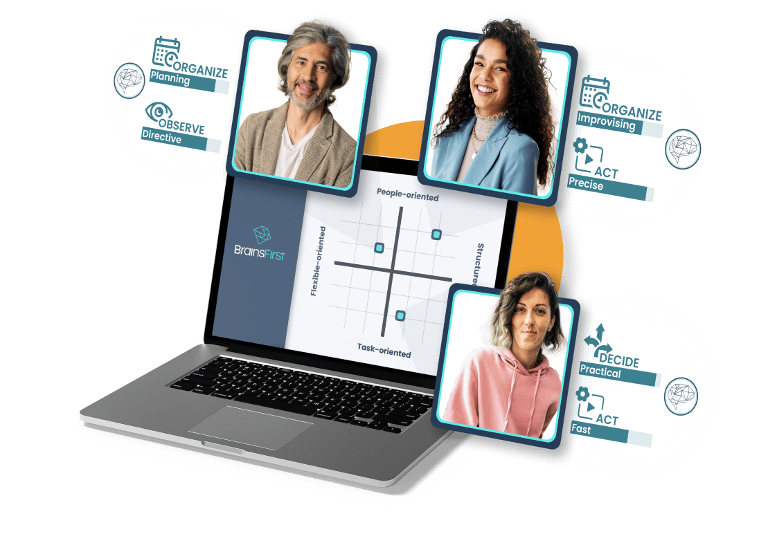 Een laptop met het talent landschap, omringd door profielfoto's van professionals en hun specifieke cognitieve scores.